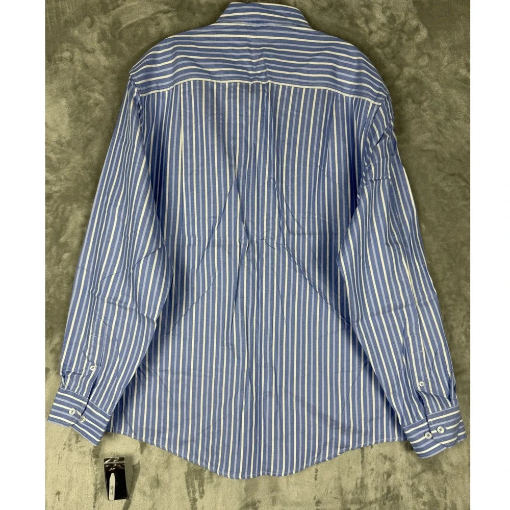 Tasso Elba Mens Large Blue White Stripe Button Down Dress Shirt 100% Cotton - Picture 2 of 8